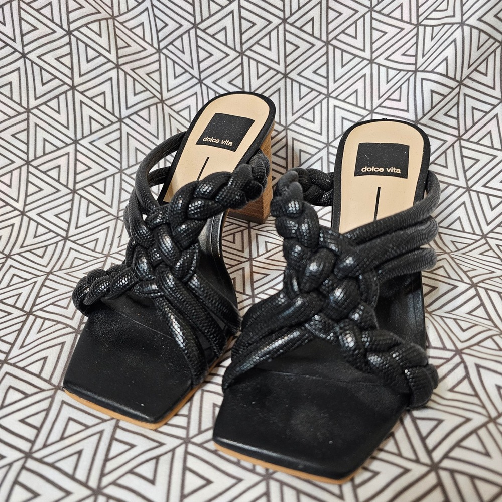 Dolce Vita Black Braided Block Heel Sandals Square Toe Mules Womens Size 6